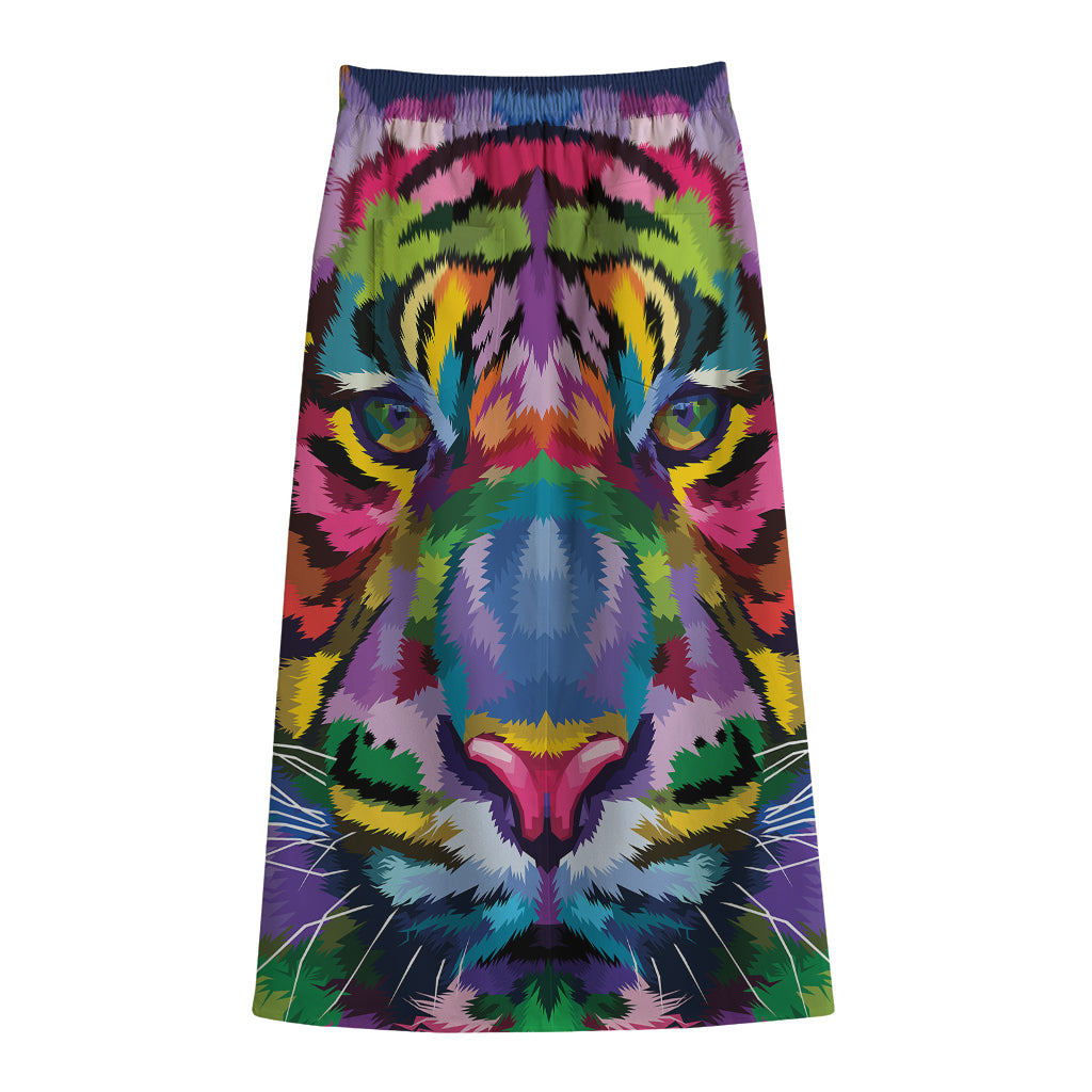 Colorful Tiger Portrait Print Cotton Front Slit Maxi Skirt