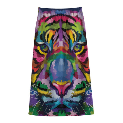 Colorful Tiger Portrait Print Cotton Front Slit Maxi Skirt