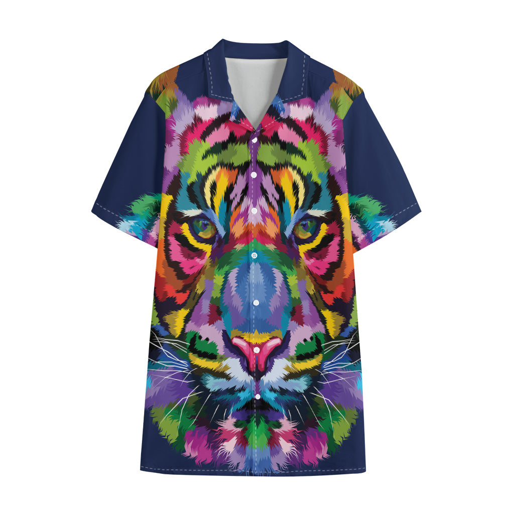 Colorful Tiger Portrait Print Cotton Hawaiian Shirt