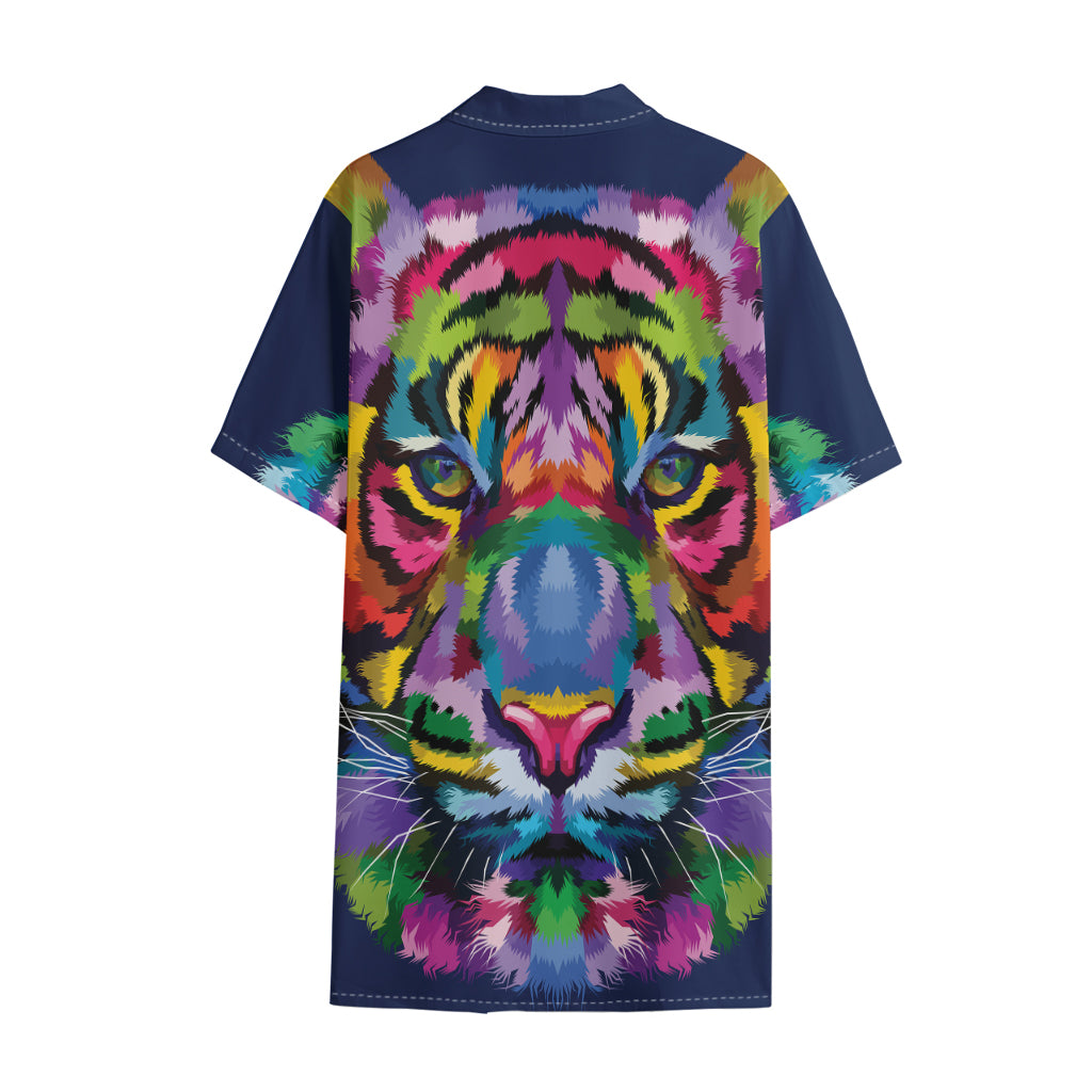 Colorful Tiger Portrait Print Cotton Hawaiian Shirt