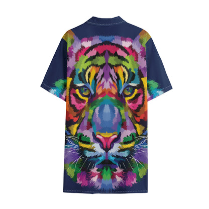 Colorful Tiger Portrait Print Cotton Hawaiian Shirt