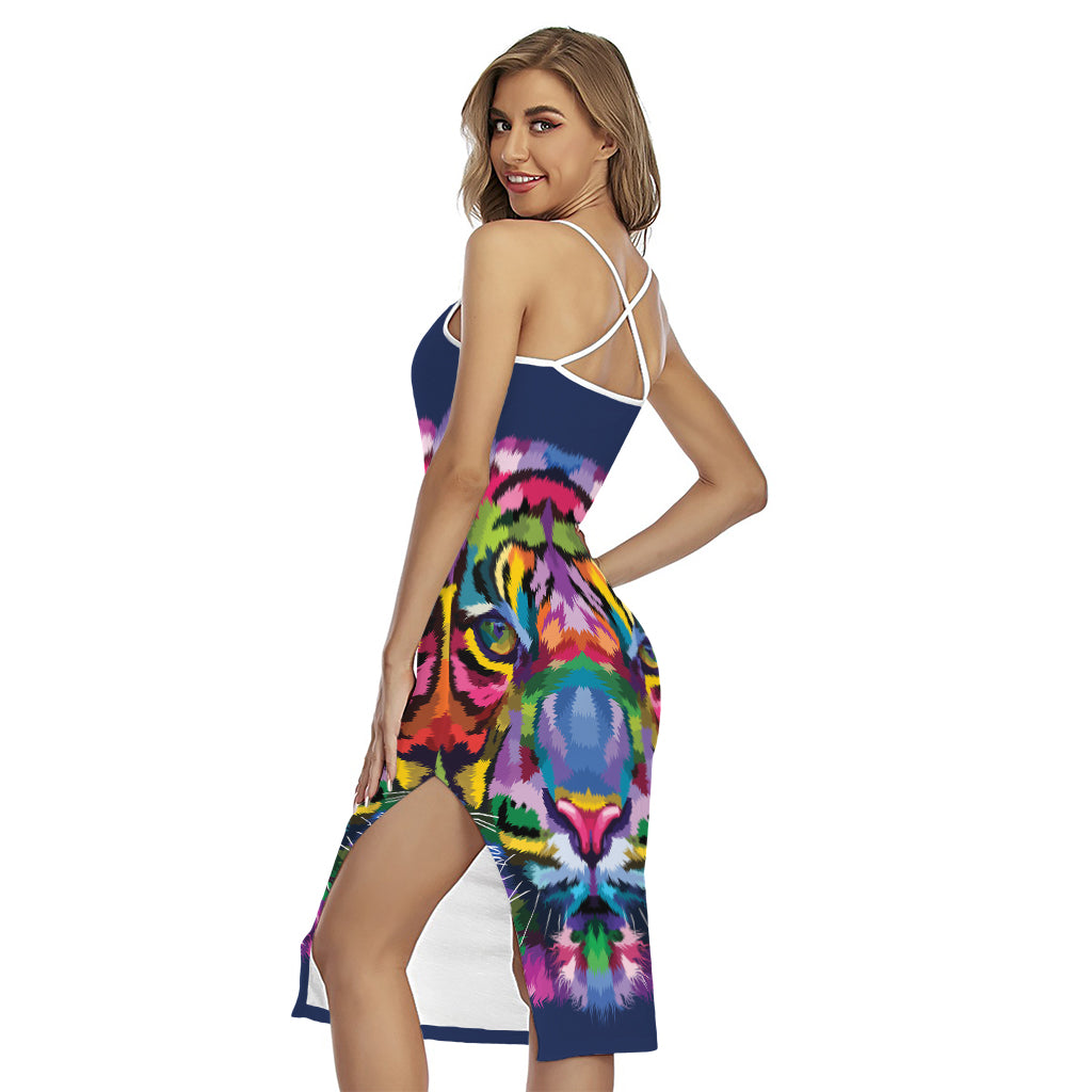 Colorful Tiger Portrait Print Cross Back Cami Dress