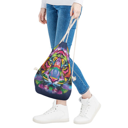 Colorful Tiger Portrait Print Drawstring Bag