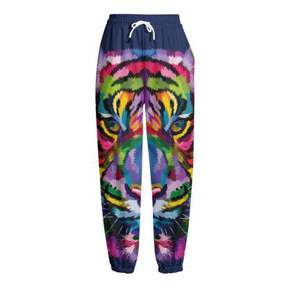 Colorful Tiger Portrait Print Fleece Lined Knit Pants