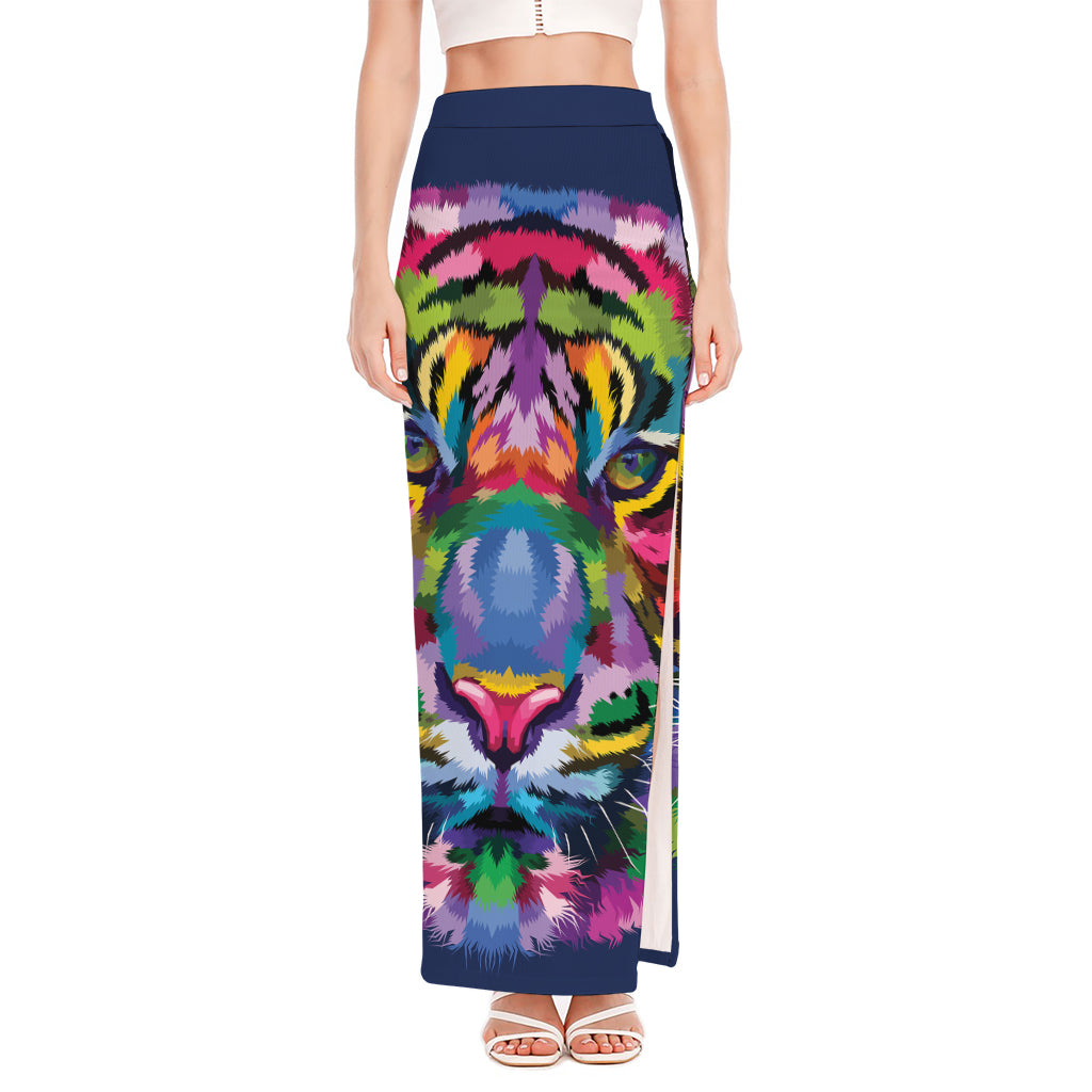 Colorful Tiger Portrait Print High Slit Maxi Skirt