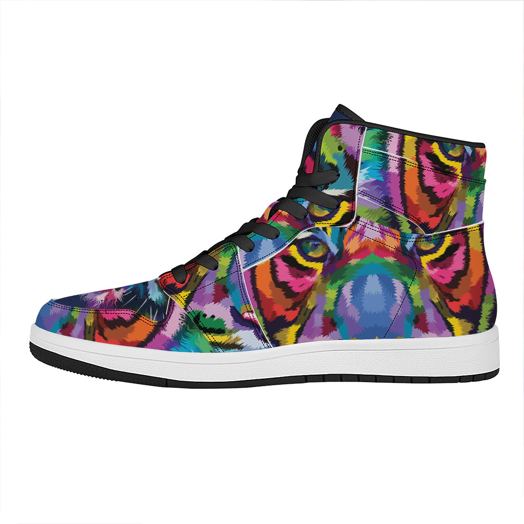 Colorful Tiger Portrait Print High Top Leather Sneakers