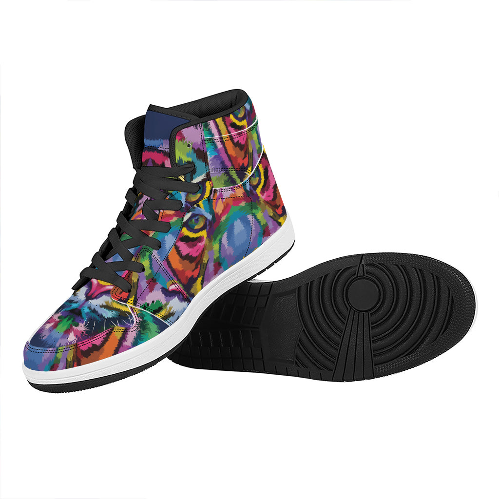 Colorful Tiger Portrait Print High Top Leather Sneakers