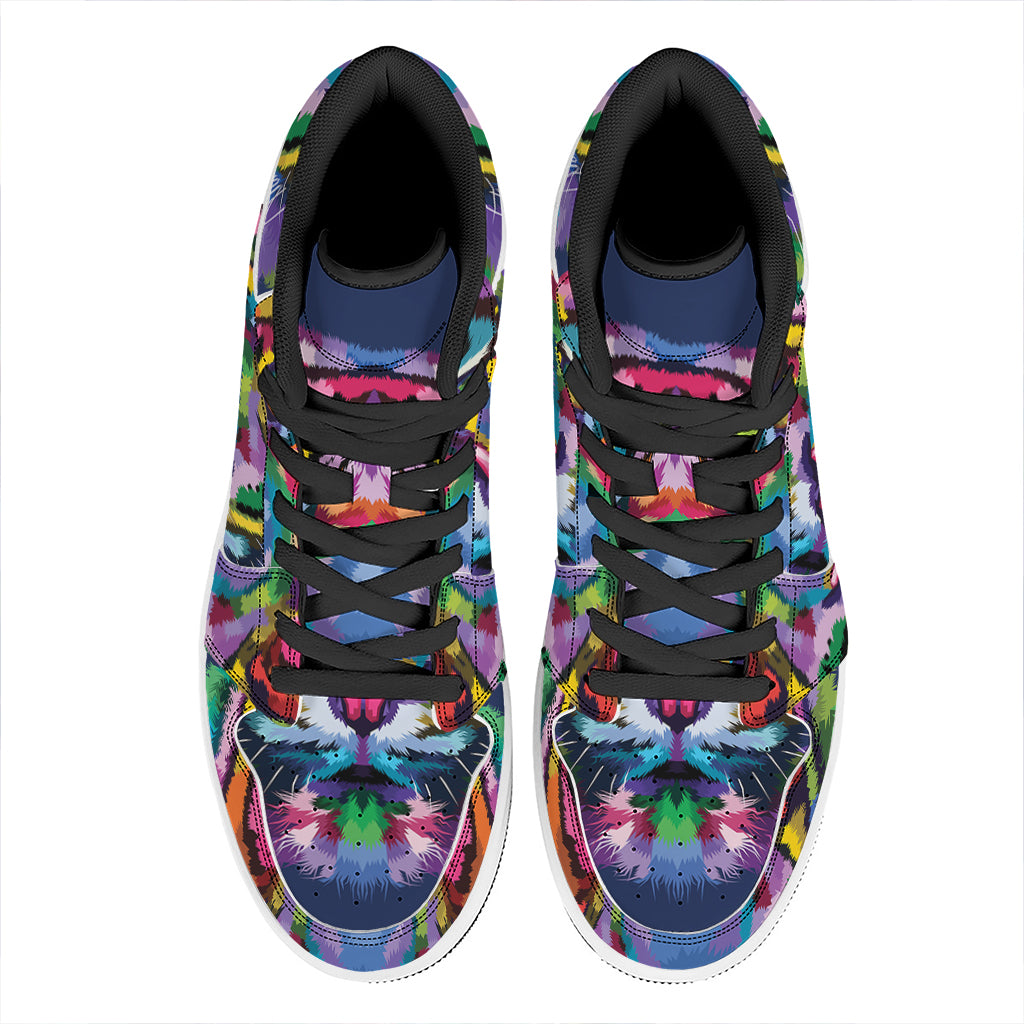 Colorful Tiger Portrait Print High Top Leather Sneakers