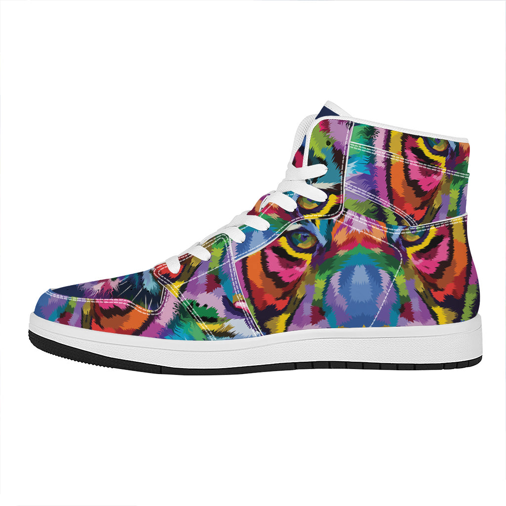 Colorful Tiger Portrait Print High Top Leather Sneakers
