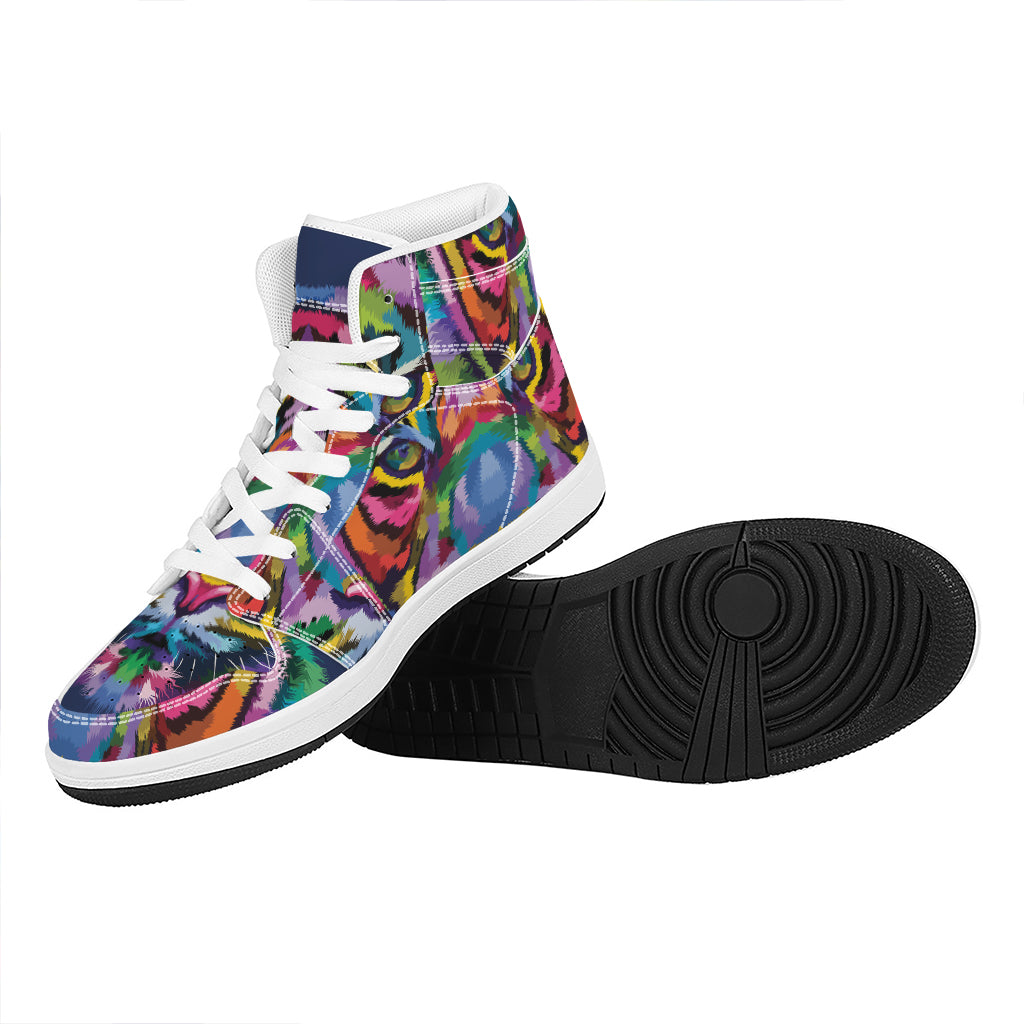 Colorful Tiger Portrait Print High Top Leather Sneakers
