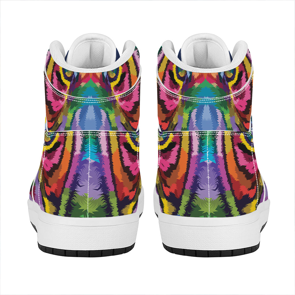Colorful Tiger Portrait Print High Top Leather Sneakers