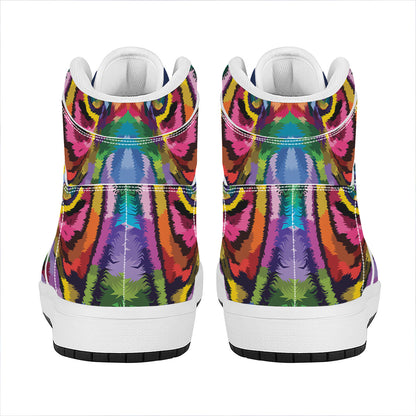 Colorful Tiger Portrait Print High Top Leather Sneakers