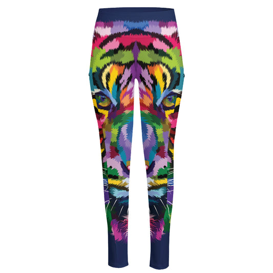 Colorful Tiger Portrait Print High-Waisted Pocket Leggings