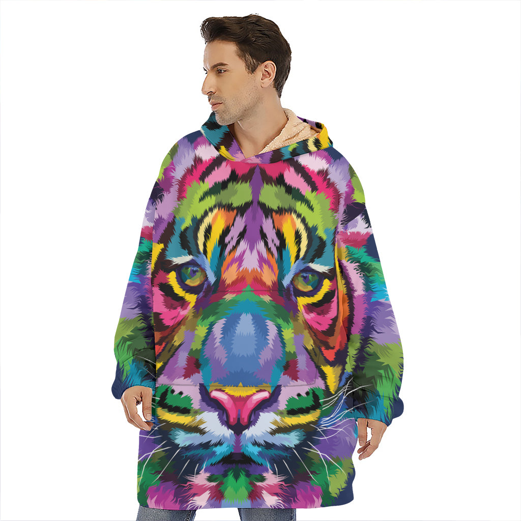Colorful Tiger Portrait Print Hoodie Blanket