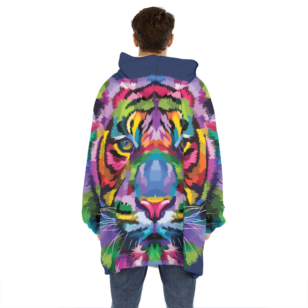 Colorful Tiger Portrait Print Hoodie Blanket