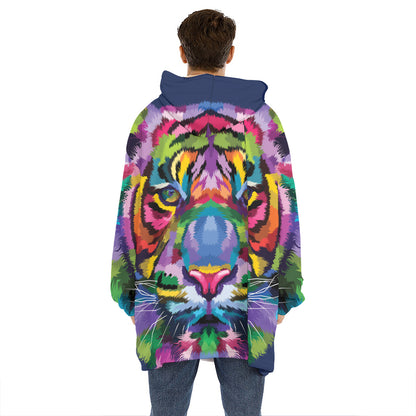 Colorful Tiger Portrait Print Hoodie Blanket