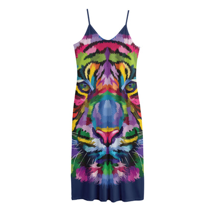 Colorful Tiger Portrait Print Jersey Midi Cami Dress