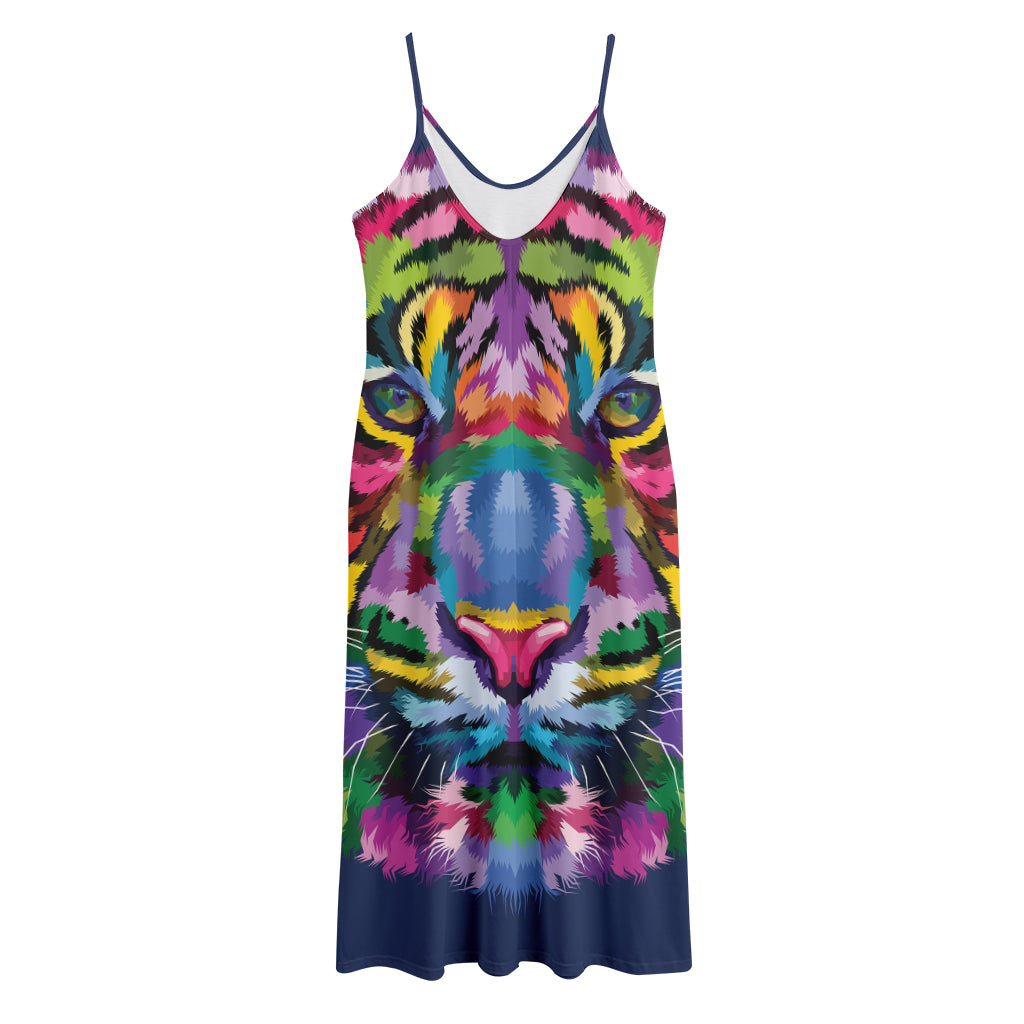 Colorful Tiger Portrait Print Jersey Midi Cami Dress