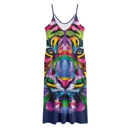 Colorful Tiger Portrait Print Jersey Midi Cami Dress