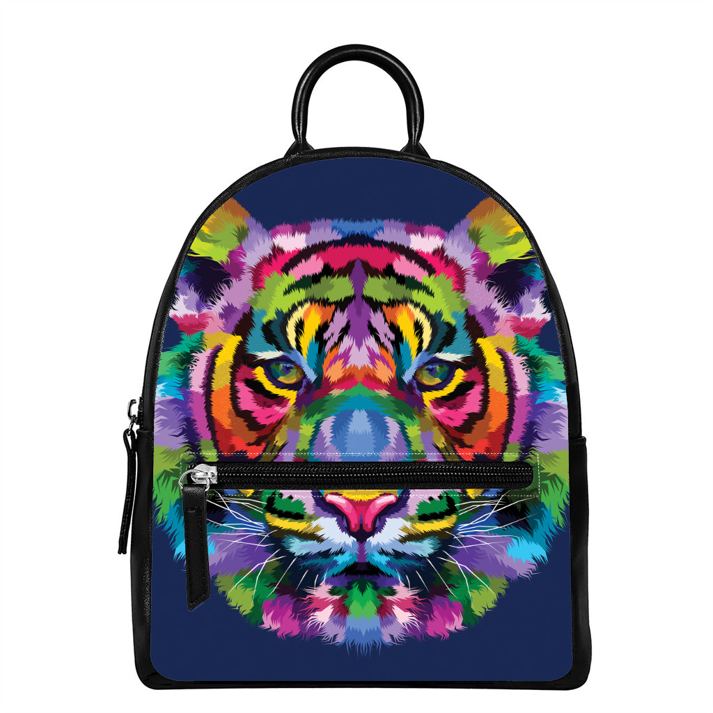 Colorful Tiger Portrait Print Leather Backpack