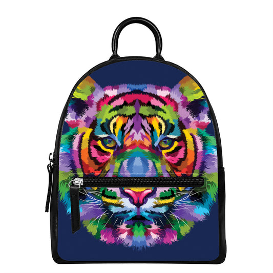 Colorful Tiger Portrait Print Leather Backpack