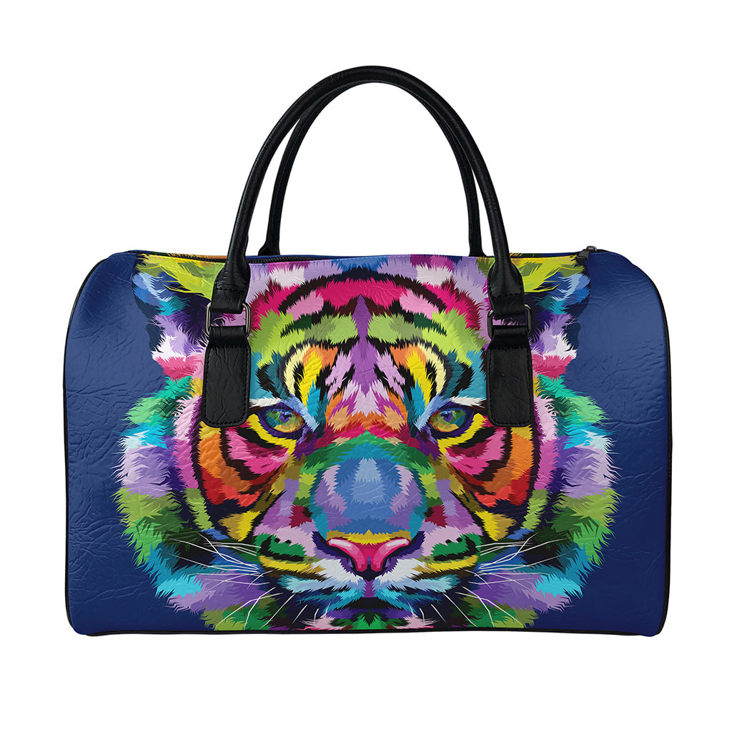 Colorful Tiger Portrait Print Leather Duffle Bag