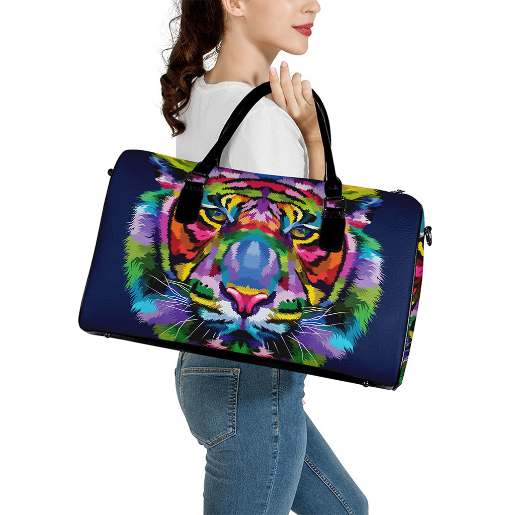 Colorful Tiger Portrait Print Leather Duffle Bag