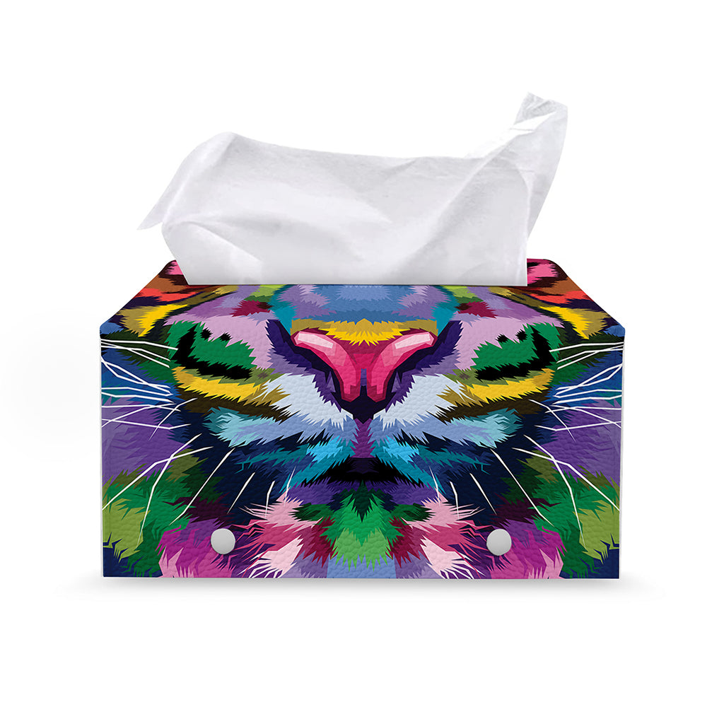 Colorful Tiger Portrait Print Leather Tissue Box Cover