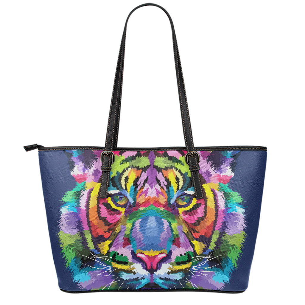 Colorful Tiger Portrait Print Leather Tote Bag