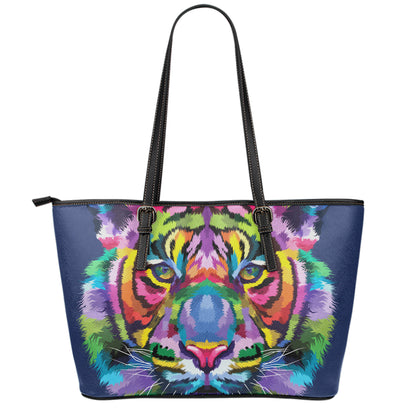 Colorful Tiger Portrait Print Leather Tote Bag