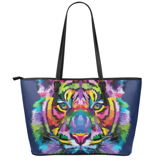 Colorful Tiger Portrait Print Leather Tote Bag