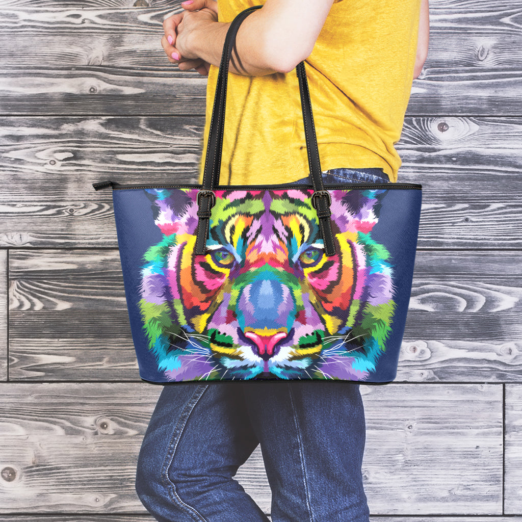 Colorful Tiger Portrait Print Leather Tote Bag
