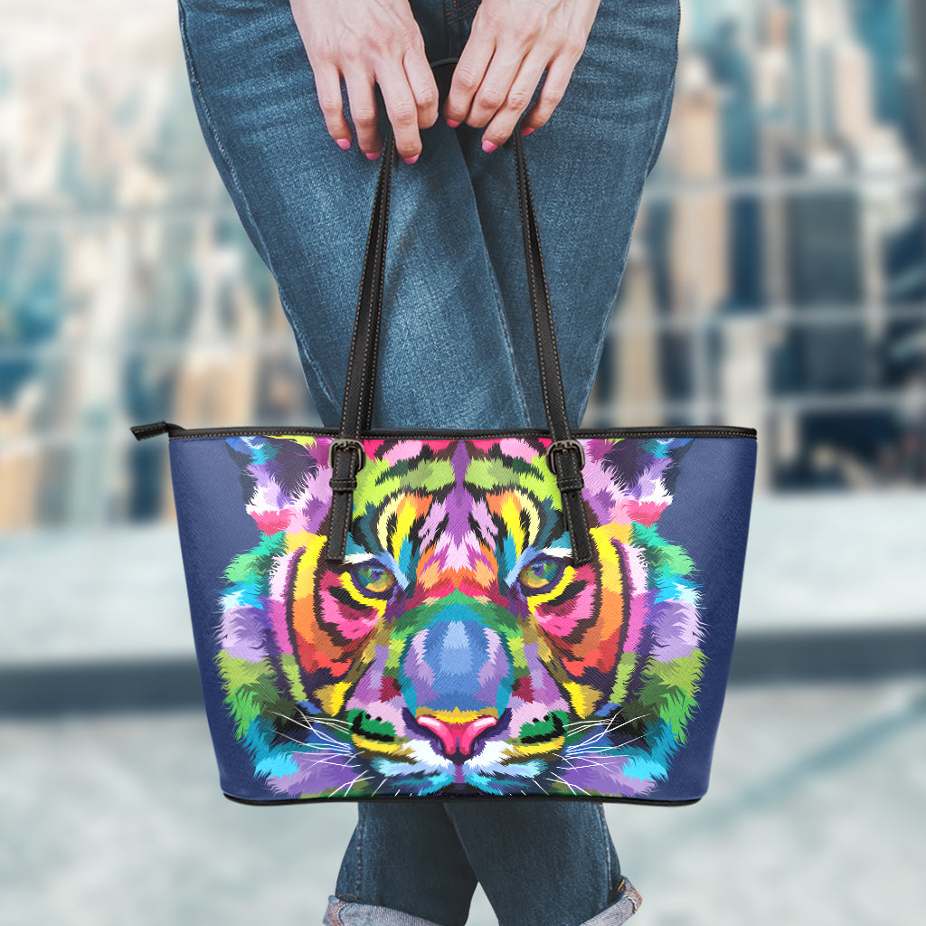 Colorful Tiger Portrait Print Leather Tote Bag
