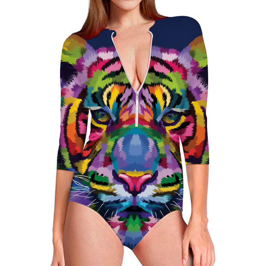 Colorful Tiger Portrait Print Long Sleeve Swimsuit