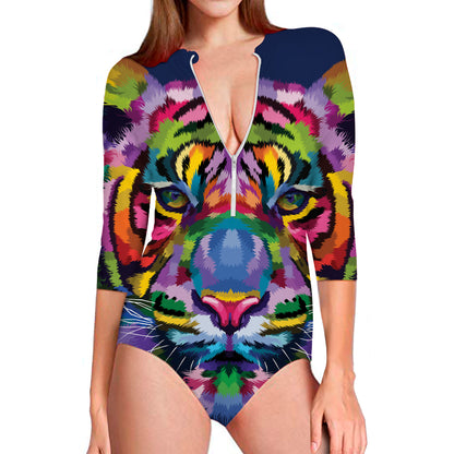 Colorful Tiger Portrait Print Long Sleeve Swimsuit