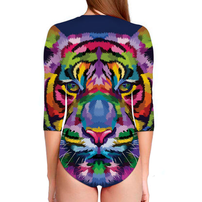 Colorful Tiger Portrait Print Long Sleeve Swimsuit