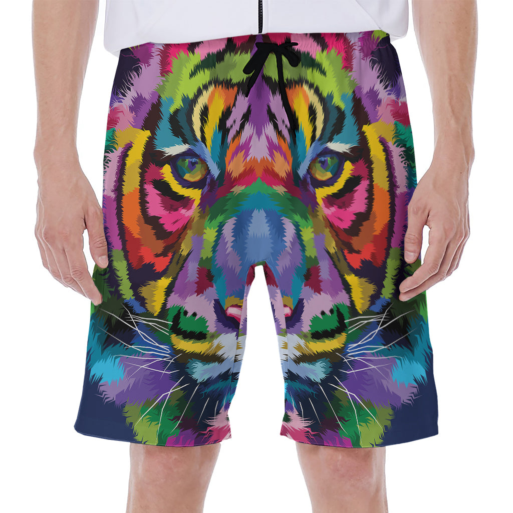 Colorful Tiger Portrait Print Men's Beach Shorts