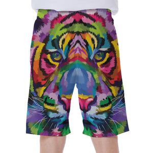 Colorful Tiger Portrait Print Men's Beach Shorts
