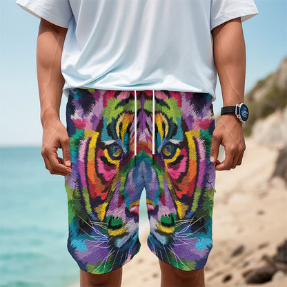 Colorful Tiger Portrait Print Men's Cargo Shorts