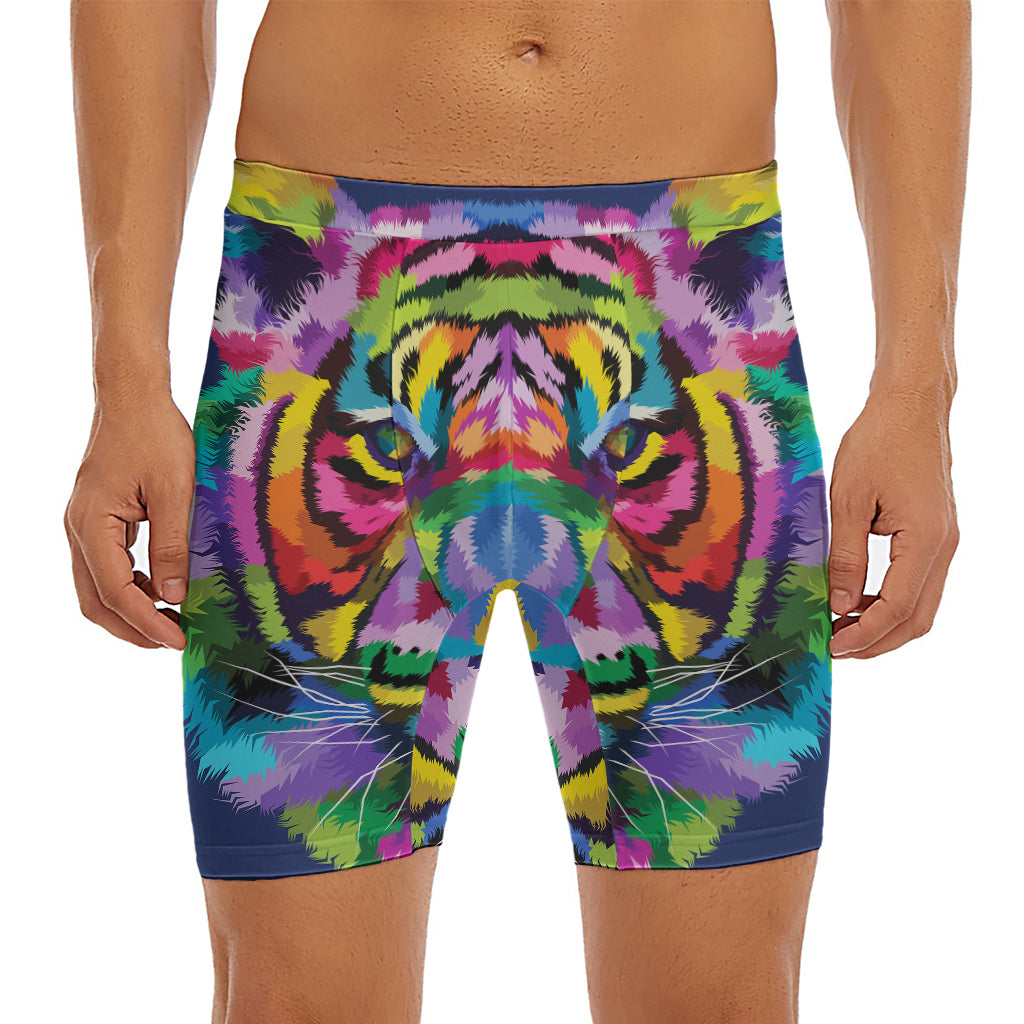 Colorful Tiger Portrait Print Men's Long Boxer Briefs