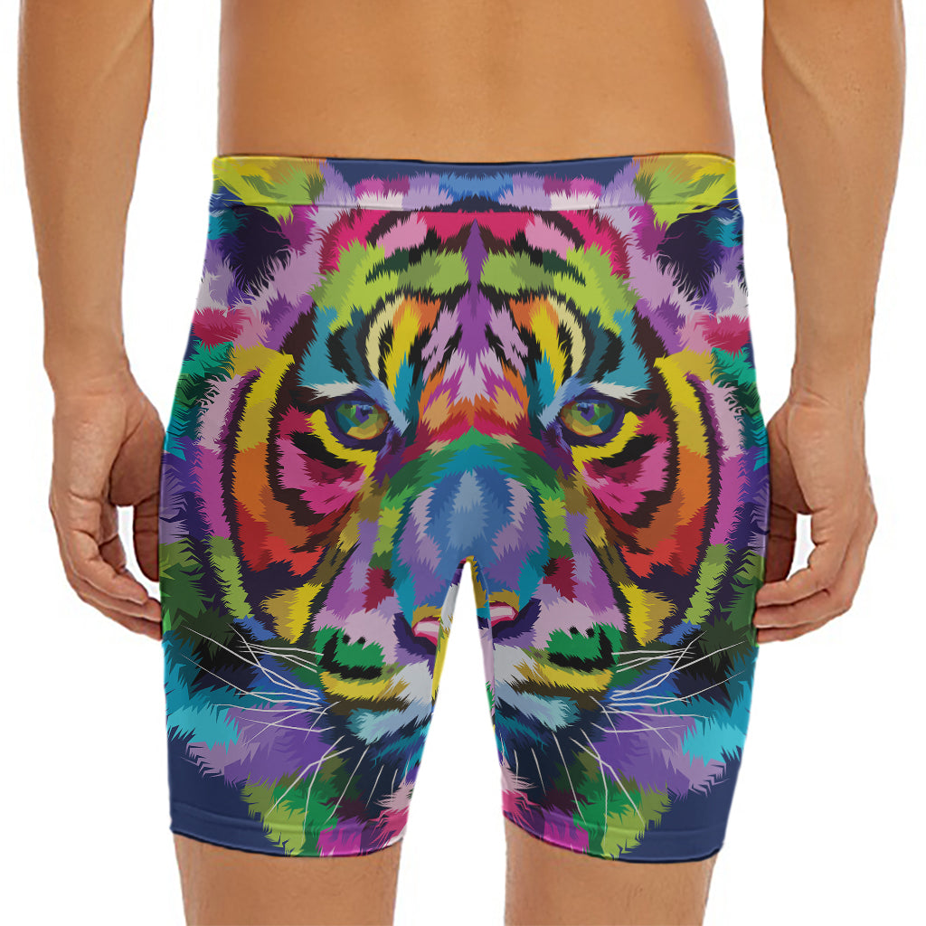 Colorful Tiger Portrait Print Men's Long Boxer Briefs