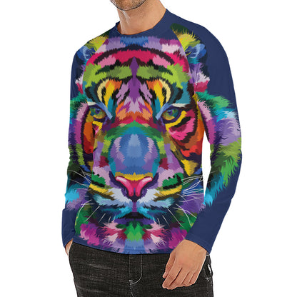 Colorful Tiger Portrait Print Men's Long Sleeve Rash Guard
