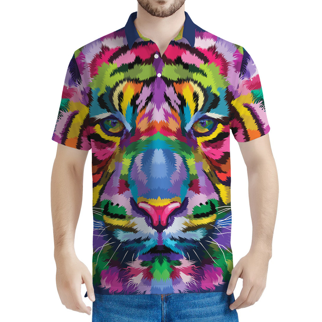 Colorful Tiger Portrait Print Men's Polo Shirt