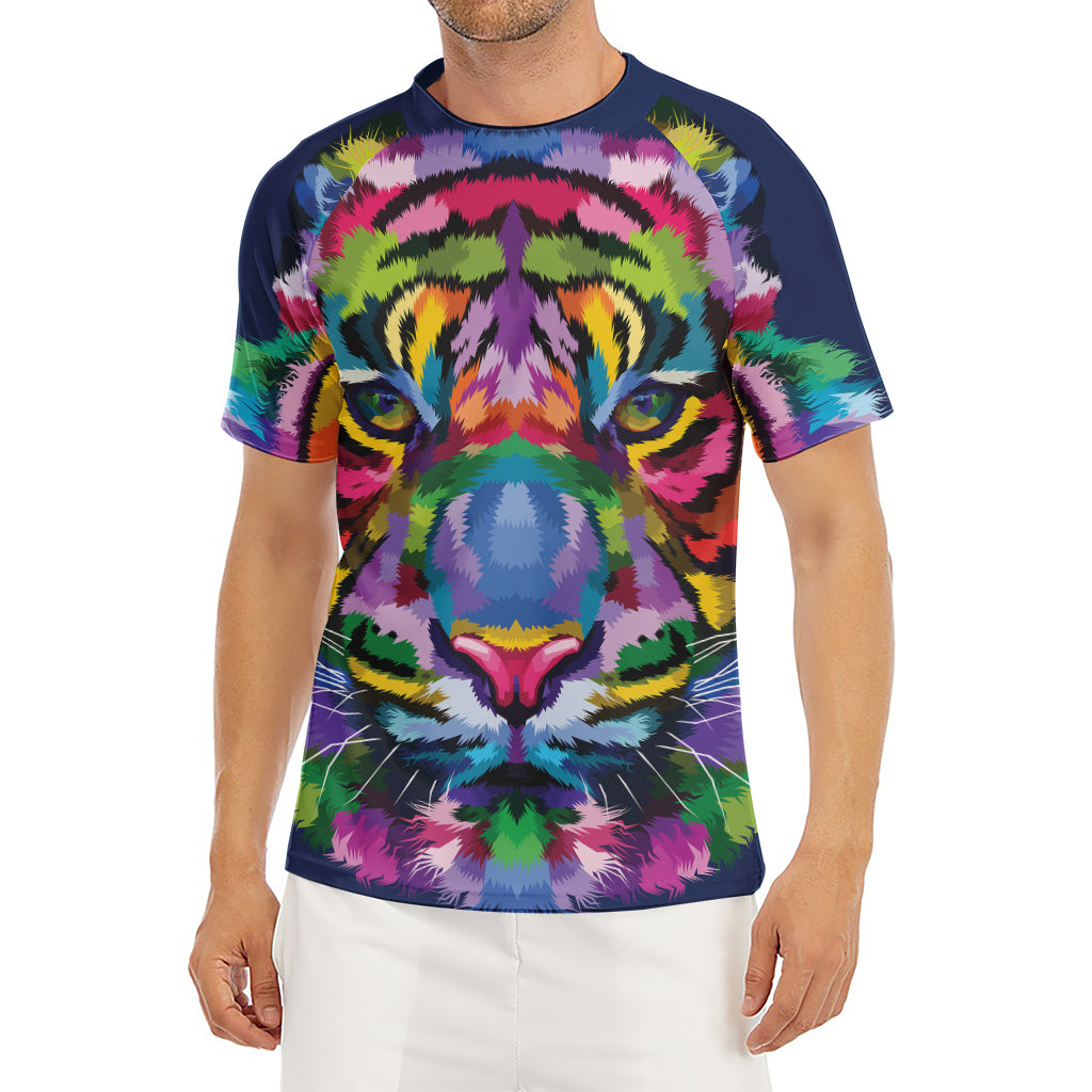 Colorful Tiger Portrait Print Men's Short Sleeve Rash Guard