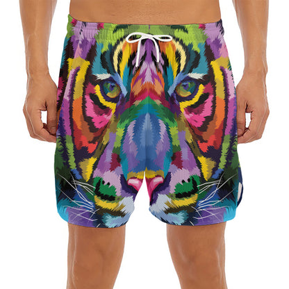 Colorful Tiger Portrait Print Men's Split Running Shorts