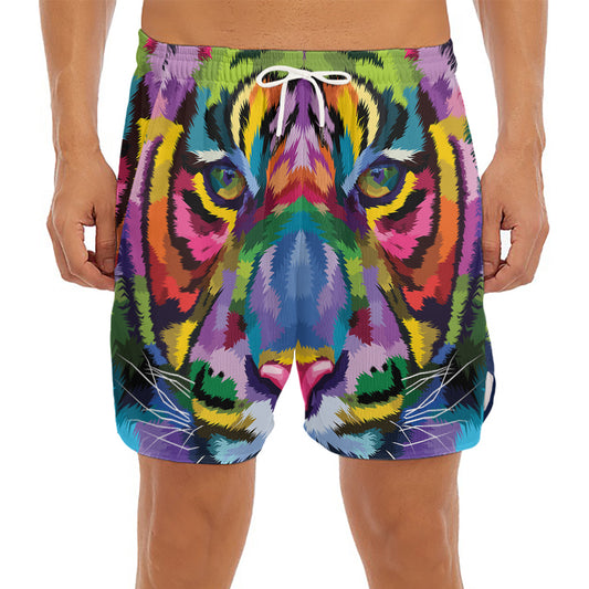 Colorful Tiger Portrait Print Men's Split Running Shorts