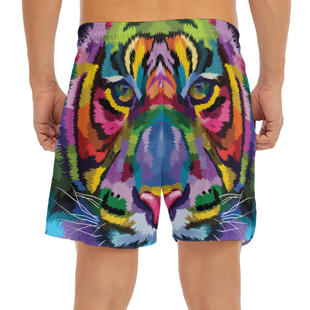 Colorful Tiger Portrait Print Men's Split Running Shorts