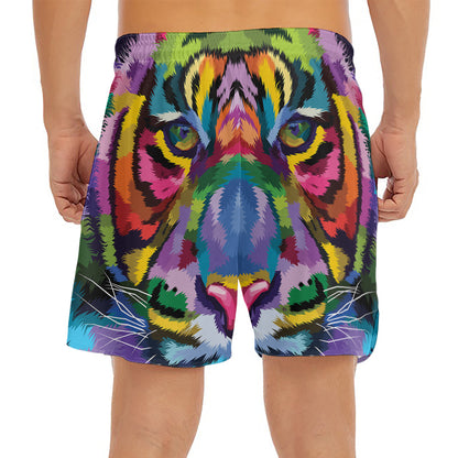Colorful Tiger Portrait Print Men's Split Running Shorts