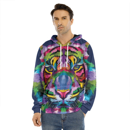 Colorful Tiger Portrait Print Men's Velvet Pullover Hoodie