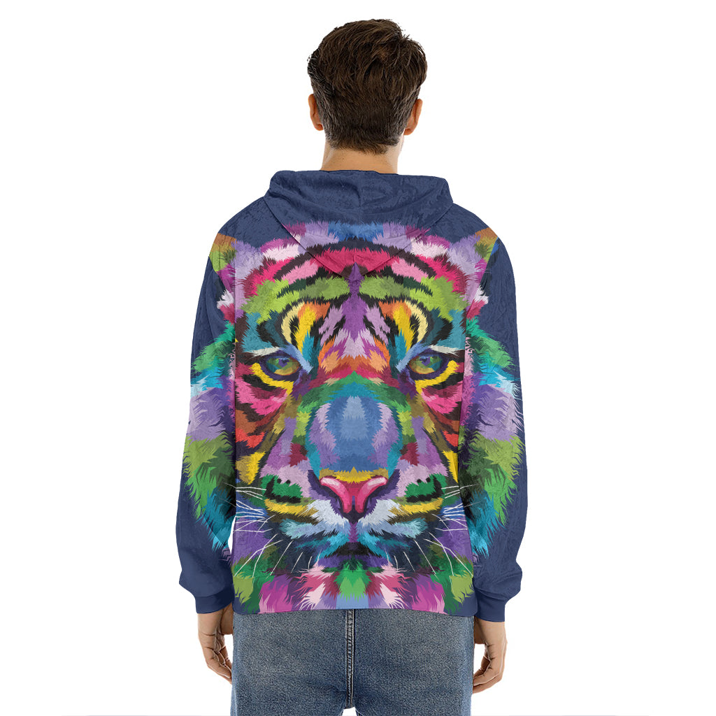 Colorful Tiger Portrait Print Men's Velvet Pullover Hoodie